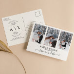 Carte Postale Moderne Enregistrer la date Monogramme Photo Colla<br><div class="desc">Modern Save the Date Monogram Photo Collage Simple Carte postale. Personnalisez facilement en remplaçant chaque info. Téléchargez des photos verticales/portraits. Vérifiez l'aperçu avant d'ajouter au panier. (Photo de Mikhail Nilov)</div>