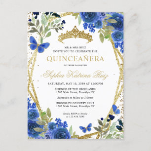 Carte Postale Moderne Floral Marine Bleu Or Tiara Quinceañera