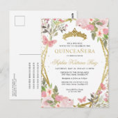 Carte Postale Moderne Floral rose rose or Tiara Quinceañera (Devant / Derrière)