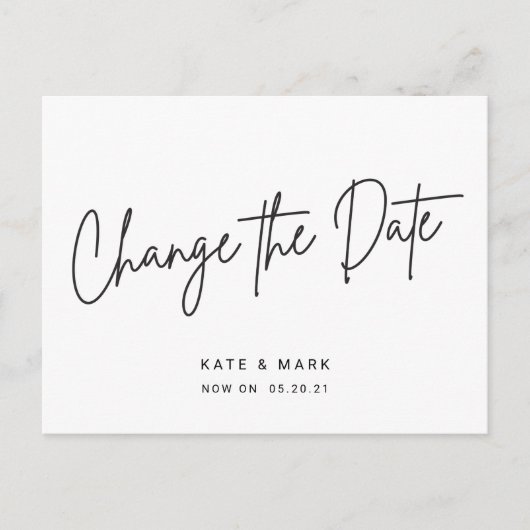 Carte Postale Moderne Mariage Noir Blanc Script Changer la Date (Devant)