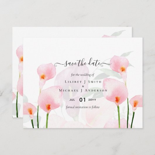 Carte Postale Moderne rose Calla Lily Mariage Enregistrer Date Q (Devant / Derrière)