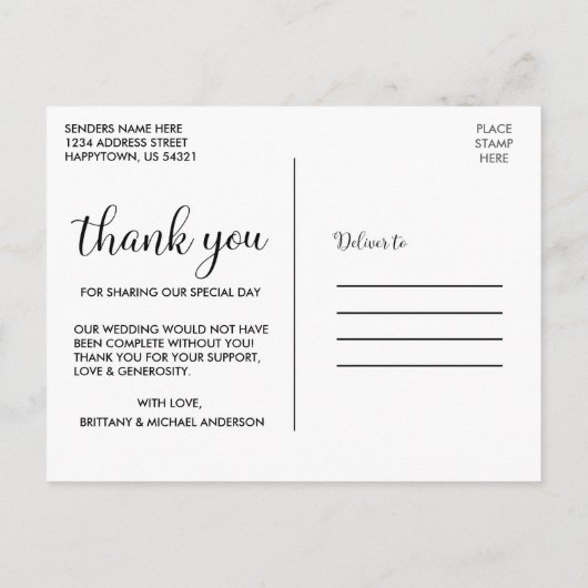 Carte Postale Moderne Rustique Calligraphie Script Merci Mariage (Dos)