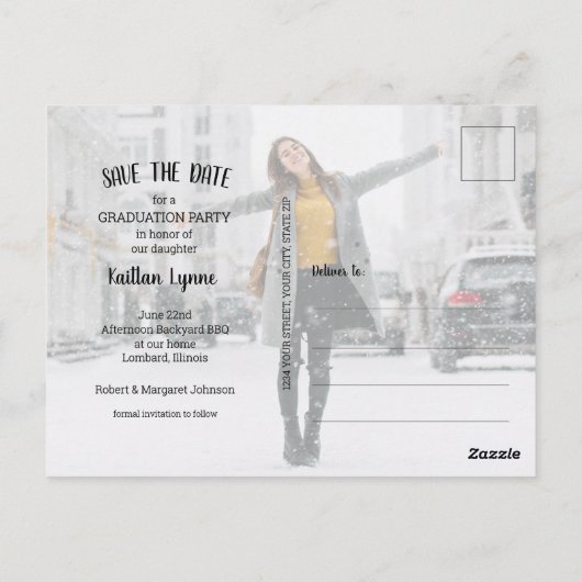 Carte Postale Moderne Script Photo Graduation ENREGISTRER LA DAT (Dos)