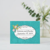 Carte Postale Moderne Turquoise rose et corail Mariage damassé (Debout devant)