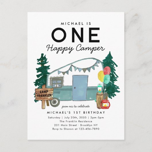 Carte Postale Moderne Un Joyeux Camper Trees Camping 1er anniver (Devant)