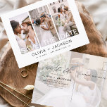 Carte Postale Modifiable Enregistrer la date 4 photo en blanc<br><div class="desc">Photo moderne et élégante Enregistrer la Carte Mariage Date. La carte d'invitation à la date inclut la typographie blanche et le design chic et simple sur un arrière - plan blanc que vous pouvez ajouter votre photo de fiançailles customisé à.</div>