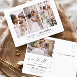 Carte Postale Modifiable Enregistrer la date 4 photo en blanc<br><div class="desc">Photo moderne et élégante Enregistrer la Carte Mariage Date. La carte d'invitation à la date inclut la typographie blanche et le design chic et simple sur un arrière - plan blanc que vous pouvez ajouter votre photo de fiançailles customisé à.</div>