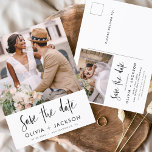Carte Postale Modifiable main lettres blanc Enregistrer la photo<br><div class="desc">Photo moderne et élégante Enregistrer la Carte Mariage Date. La carte d'invitation à la date comprend la typographie blanche et le design chic et simple sur un arrière - plan blanc que vous pouvez ajouter votre photo fiançailles customisée à.</div>
