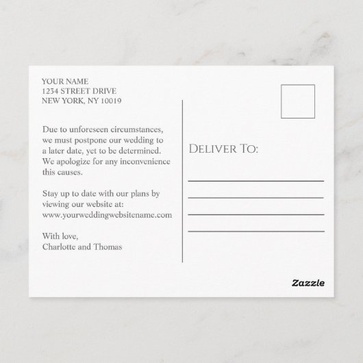 Carte Postale Modification des plans Replanifier le Mariage ou l (Dos)