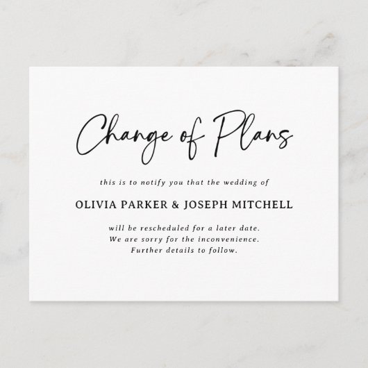 Carte Postale Modification des plans | Script moderne noir et bl (Devant)