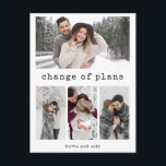 Carte Postale Modification des plans | Texte et photo d'une mach<br><div class="desc">Ces cartes de faire-part simples mais élégantes à grille multiphoto mariage changement de plans de cartes de texte de machine à écrire noir typographie qui dit "changement de plans" sur un arrière - plan blanc, avec la place pour quatre de vos photos personnelles préférées. Une façon chic et élégante de...</div>