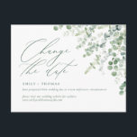 Carte Postale Modifier la couleur verte du script de date Eucaly<br><div class="desc">Mettez à jour vos invités avec les détails de votre événement reprogrammé ou reporté avec cette carte postale minimaliste et moderne avec script de calligraphie moderne et l'eucalyptus aquarelle. S'il vous plaît,  arrêtez-vous près de mon magasin pour voir plus comme ceci.</div>