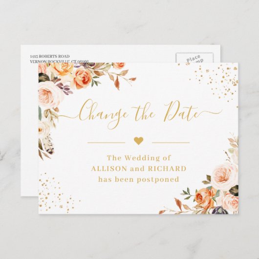 Carte Postale Modifier la date Automne Gold Floral Postponed (Devant / Derrière)