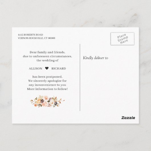 Carte Postale Modifier la date Automne Gold Floral Postponed (Dos)