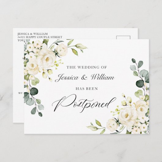 Carte Postale Modifier la date Elegant Eucalyptus Roses blanches (Devant / Derrière)