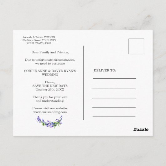 Carte Postale Modifier La Date Lavender Floral Mariage Reporté (Dos)