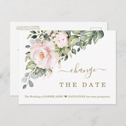 Carte Postale Modifier La Date Mariage Fleurs Roses (Devant / Derrière)