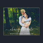 Carte Postale Modifier La Date Moderne Script À La Mode Nouvelle<br><div class="desc">Moderne Script tendance Changer La Date Mariage Postpontage Nouveau Mariage Date Couple Photo Carte postale</div>