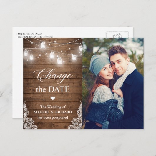 Carte Postale Modifier la date Rustic Wood String Lights photo (Devant / Derrière)