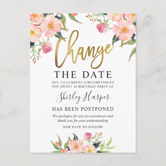 Carte Postale Modifier Le Script Date Rose Floral Or (Devant)