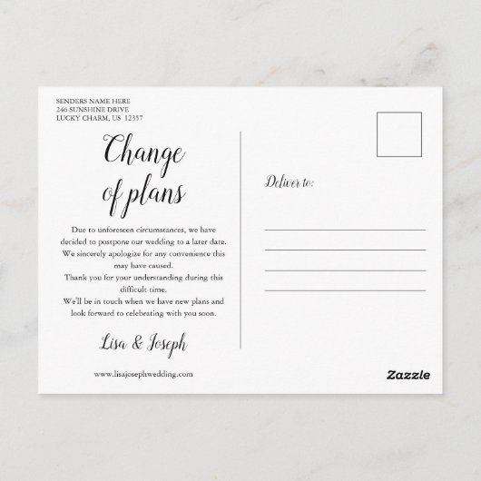 Carte Postale Modifier l'événement Date reportée annulée (Dos)