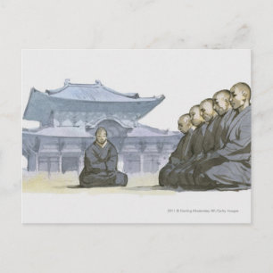 Carte Postale Moines bouddhistes zen agenouillant devant le temp