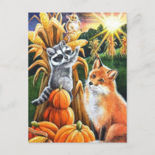 Carte Postale Moisson d'automne Corn Red Fox Raccoon Aquarelle A
