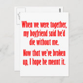 Carte Postale Mon copain a dit qu'il mourrait sans moi (Devant / Derrière)