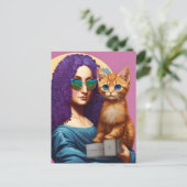 Carte Postale Mona aux cheveux violets et son chat roux (Debout devant)
