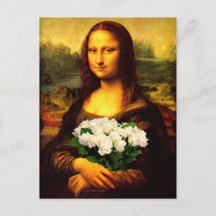 Carte Postale Mona Lisa Avec Bouquet De Roses Blanches