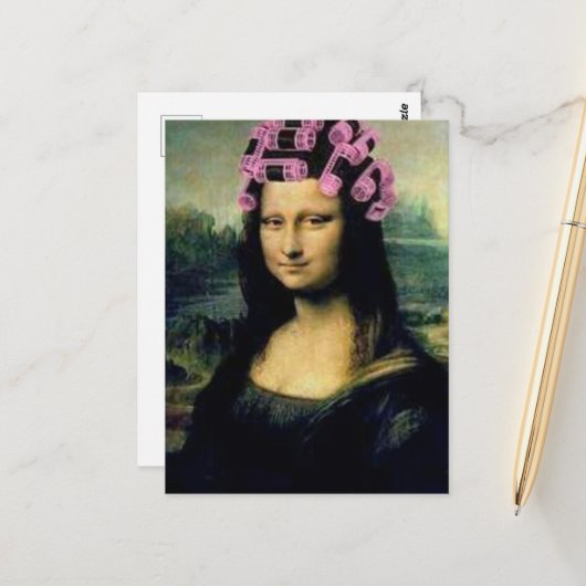 Carte Postale Mona Lisa avec rouleaux à cheveux roses Leonardo d (Devant/Arrière en situation)