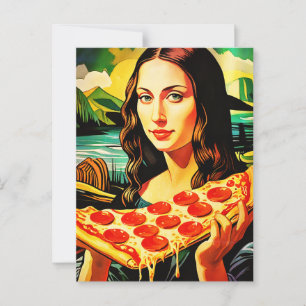 Carte Postale Mona Lisa avec une grande part de pizza