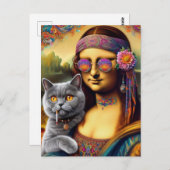 Carte Postale Mona Lisa Hippie Fumer Gray Chat (Devant / Derrière)