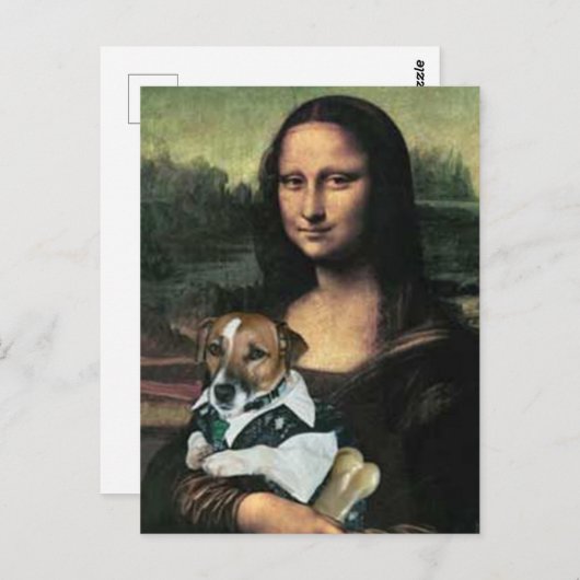 Carte Postale Mona Lisa tenant son chien et un os (Devant / Derrière)