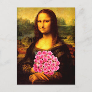 Carte Postale Mona Lisa With Bouquet Of Pink Roses