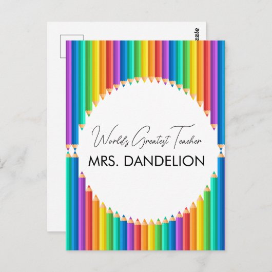 Carte Postale Monde Enseignant le plus grand Rainbow Crayons Sch (Devant / Derrière)