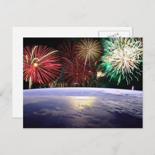 Carte Postale Monde et Feux d'Artifice, Vue de la Terre, ZSSG (Devant / Derrière)