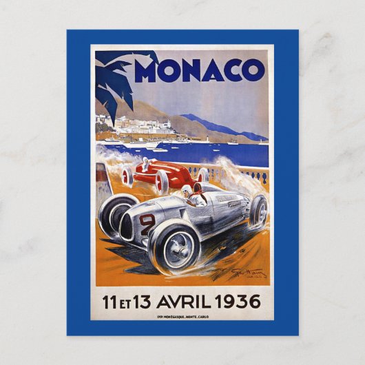 Carte Postale Monégasque affiche de voyage, 1936 course automobi (Devant)