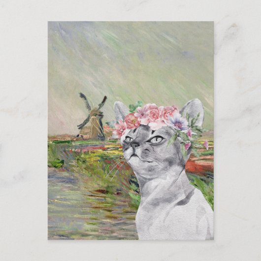 Carte Postale Monet Champ Tulipes et Chat fantaisie (Devant)