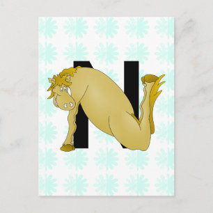 Carte Postale Monogram N Cartoon Horse Personnalisé