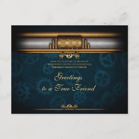 Carte Postale Monogram Steampunk Deco, laiton et bleu profond (Devant)