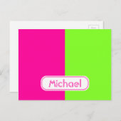 Carte Postale Monogram vert moderne de Bright Neon Pink (Devant / Derrière)