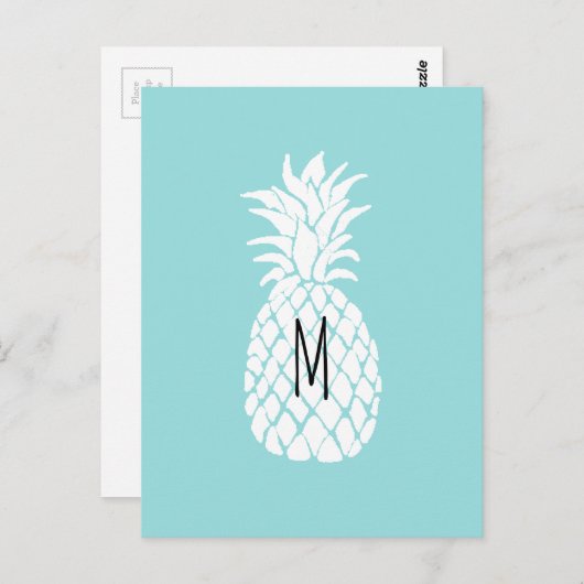 Carte Postale monogramme ananas graphique blanc sur pastel blu (Devant / Derrière)