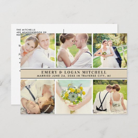 Carte Postale Monogramme beige Mariage Photo Collage Merci (Devant / Derrière)