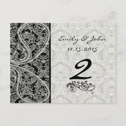 Carte Postale Monogramme Black Mariage damassé Numéro de tableau (Devant)