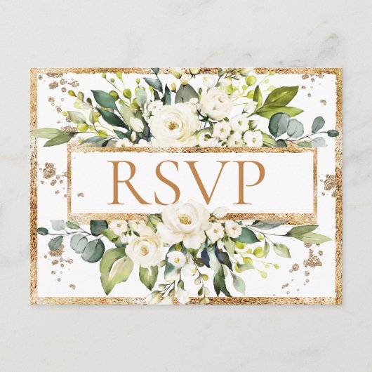 Carte Postale Monogramme blanc or Mariage floral RSVP (Devant)