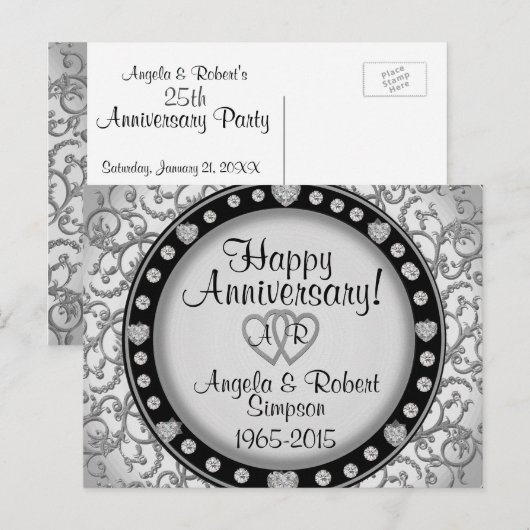 Carte Postale Monogramme Cœur d'Argent | Invitation d'anniversai (Devant / Derrière)