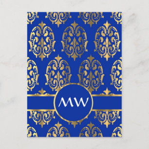 Carte Postale monogramme d'argent et de bleu royal damassé