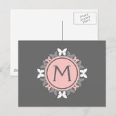 Carte Postale Monogramme de couronne papillon rose rose blanche (Devant / Derrière)