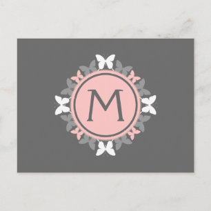 Carte Postale Monogramme de couronne papillon rose rose blanche 